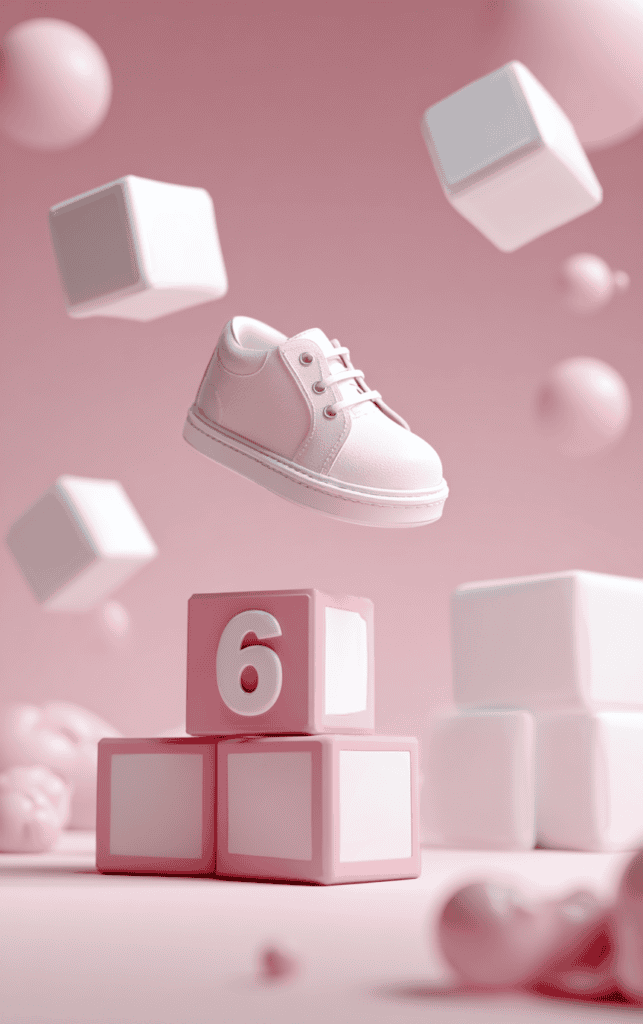 Cute white sneaker with birthday blocks and floating shapes for half birthday celebration.