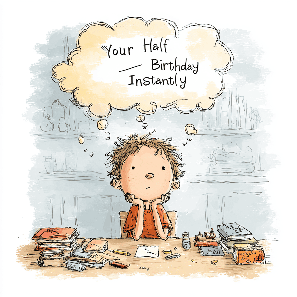 when is my half birthday — child thinking about half birthday with calculator and books on desk