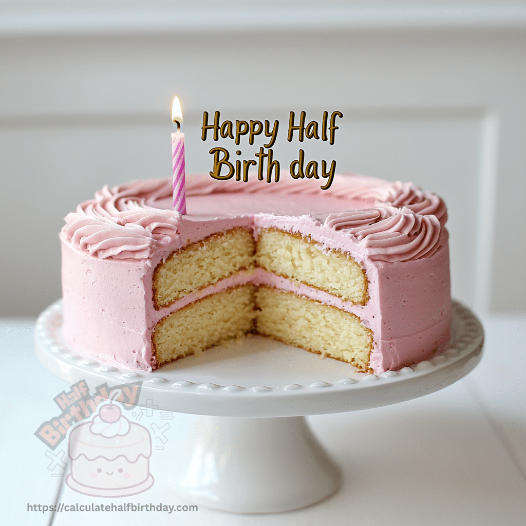 classic half birthday cake cut in half with frosting and candles