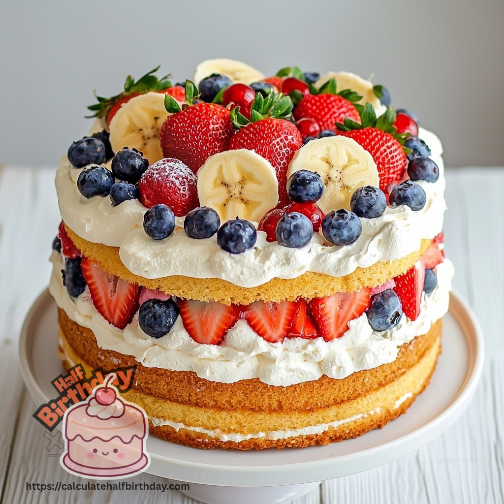 half birthday cake for baby with fresh fruit and whipped cream decoration