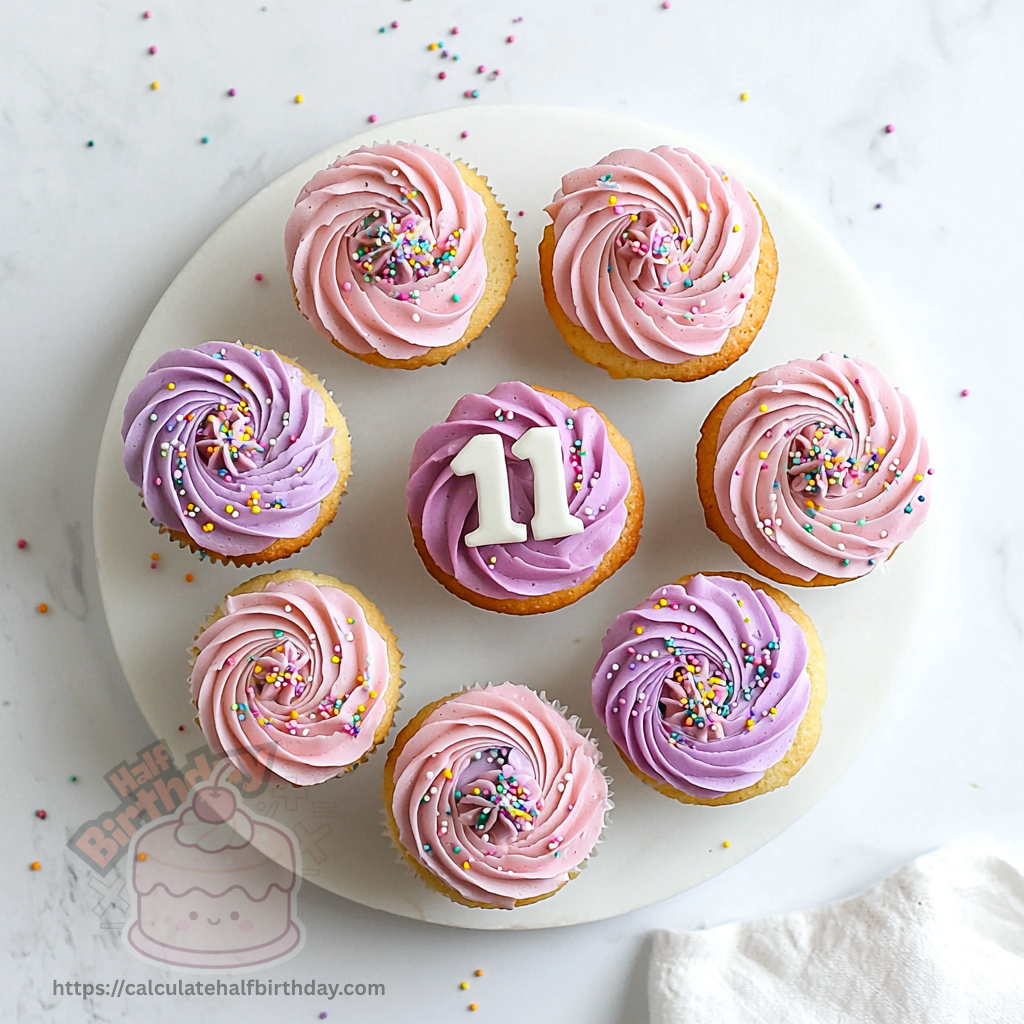 half birthday cupcake display arranged in semicircle with pastel frosting