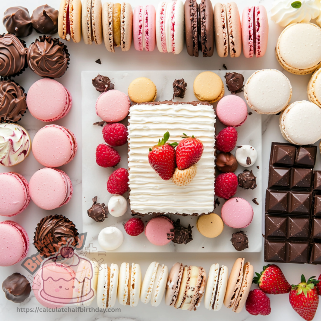 half birthday dessert board with mini cake macarons fruit and chocolates elegant presentation