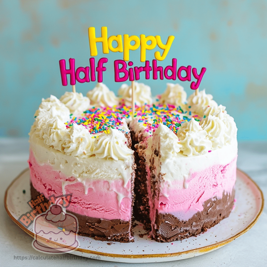 half birthday ice cream cake for kids with two flavors and colorful sprinkles decoration