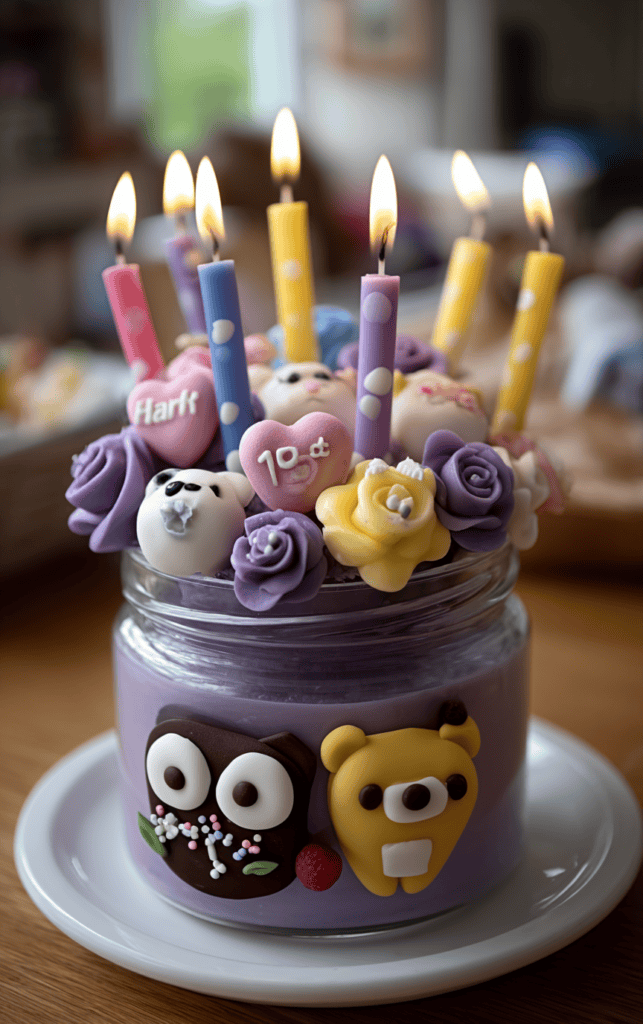 Colorful half birthday cake with candles, animal decorations, and floral accents for kids and adults.