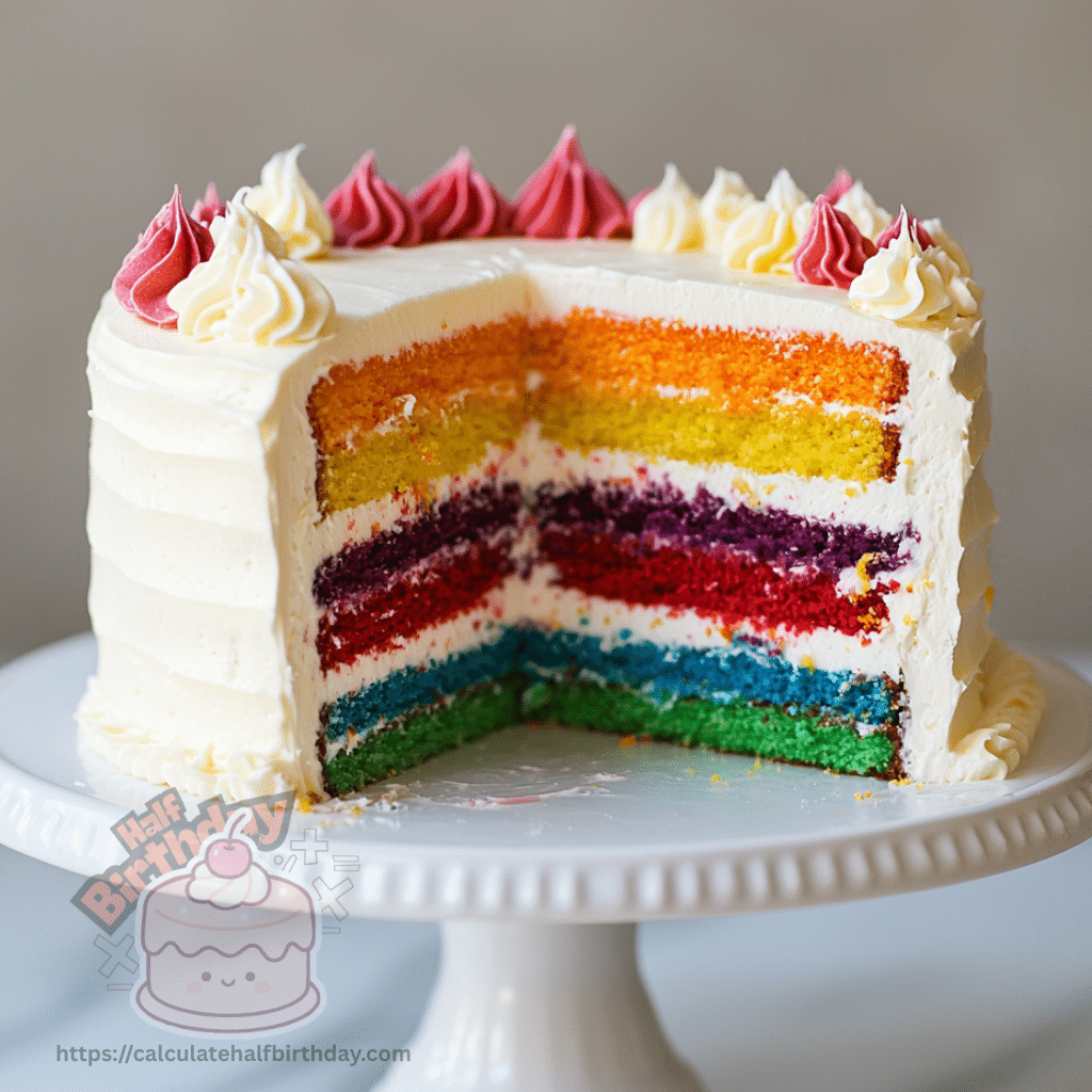 rainbow layered half birthday cake cut in half revealing colorful layers inside