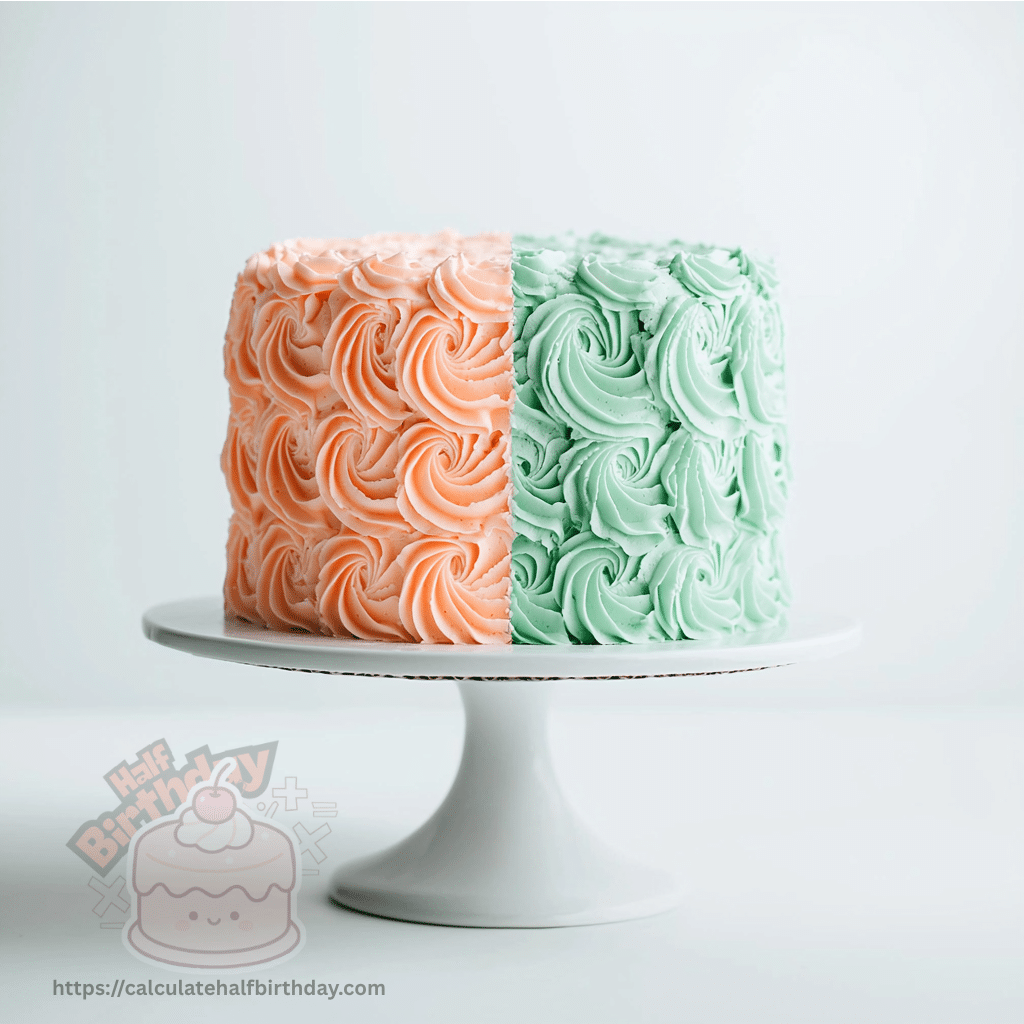 two color half birthday cake with coral and mint frosting split design