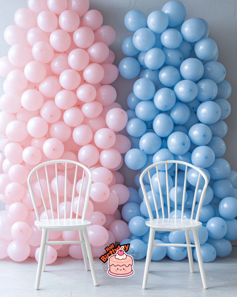 colorful half birthday decorations banner and balloons setup